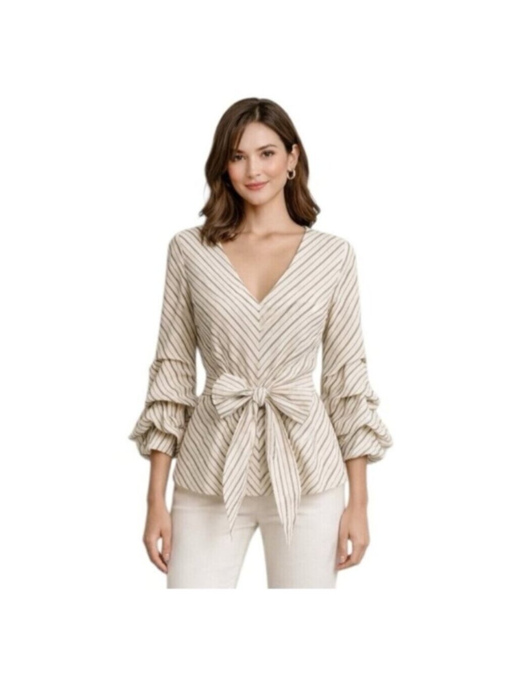White House Black Market Stripe Wrap Blouse Size 6 Ruffle Sleeve Tie Front Top - Picture 8 of 12